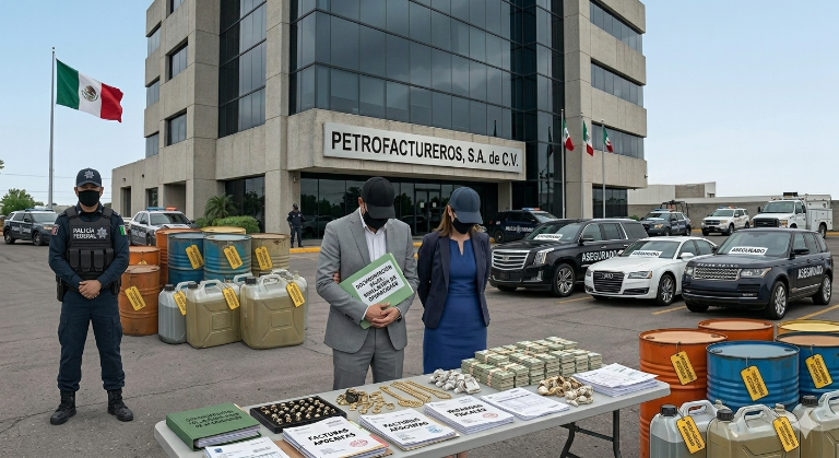 (ES UNA IMAGEN CREADA CON INTELIGENCIA ARTIFICIAL) Autoridades desmantelaron a los ‘Petrofactureros’, red que simulaba operaciones para ‘blanquear’ combustible ilegal.