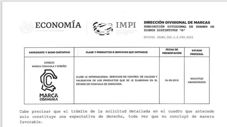 $!El IMPI reveló que la Secretaría de Economía abandonó el proceso de la protección industrial de la “Marca Coahuila”.