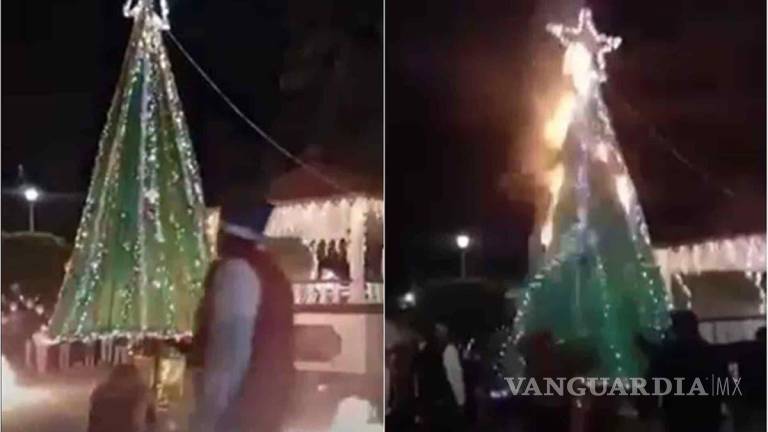 Encendido de pino navideño en Tula termina en tragedia; árbol de Navidad se incendia
