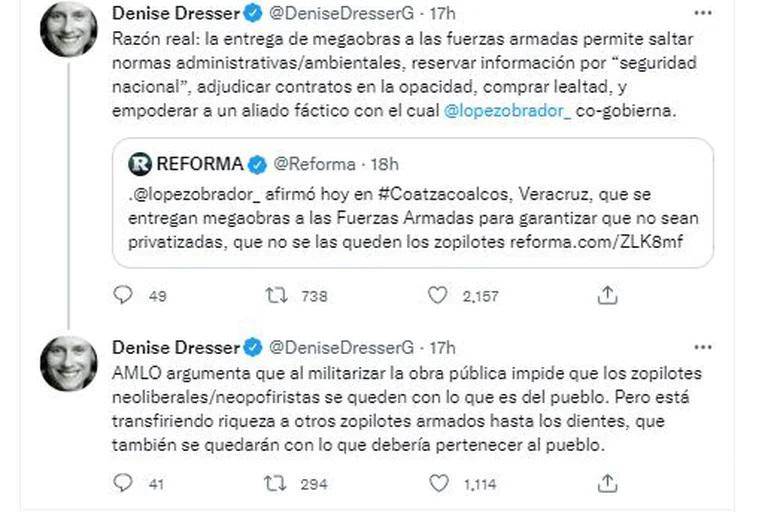 $!AMLO “transfiere riqueza a zopilotes armados”, Denise Dresser critica militarizar obras públicas