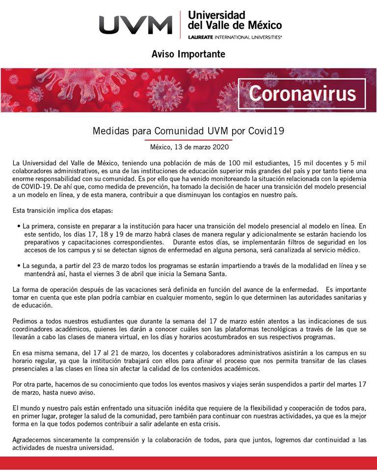 $!UVM trabajará bajo modelo en línea para evitar contagio de Coronavirus