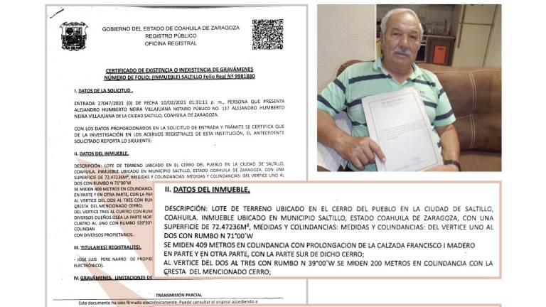 $!Certificado de libertad de gravamen, tramitado por notario público en 2021, consigna que el lote ubicado en el Cerro del Pueblo es propiedad de José Luis Pérez Narro.