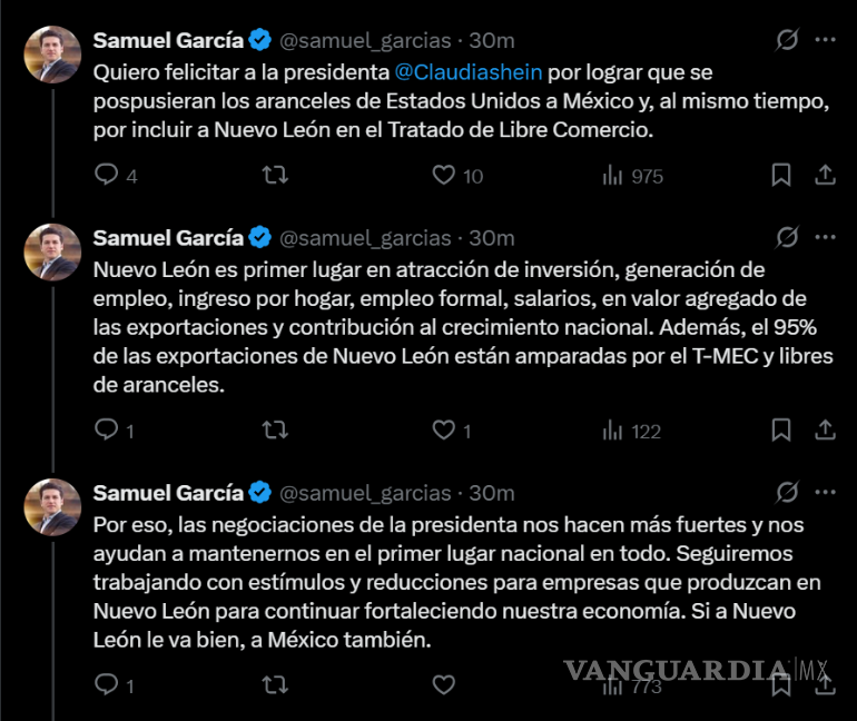 $!Celebra Nuevo León acuerdo de prórroga que logra Sheinbaum con Trump para aplicación de aranceles