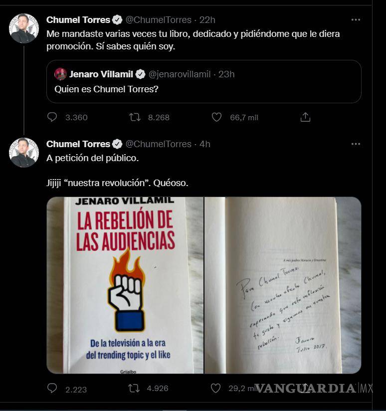 $!Agarrón en Twitter: Chumel Torres muestra libro que Villamil le regaló... y con dedicatoria
