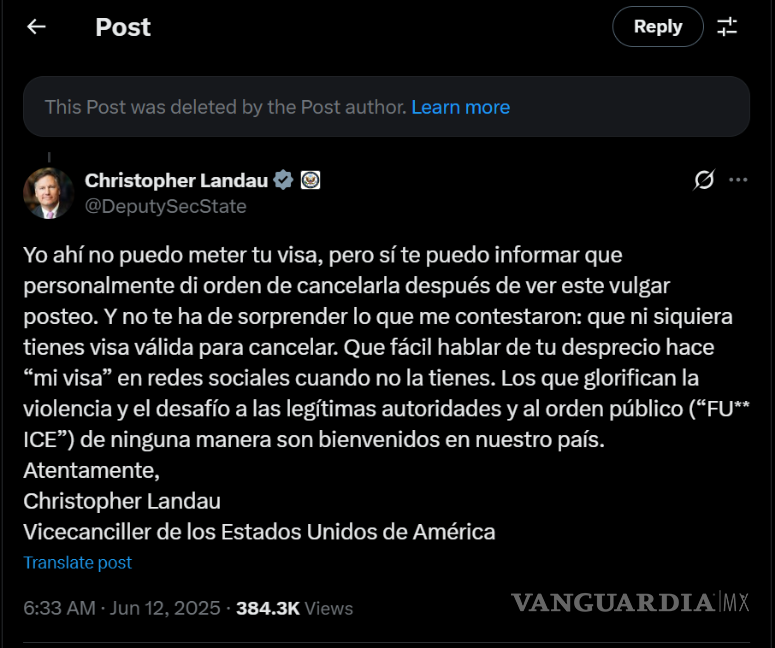 $!Christopher Landau cancela visa a Melissa Cornejo, consejera de Morena tras publicación sobre manifestaciones