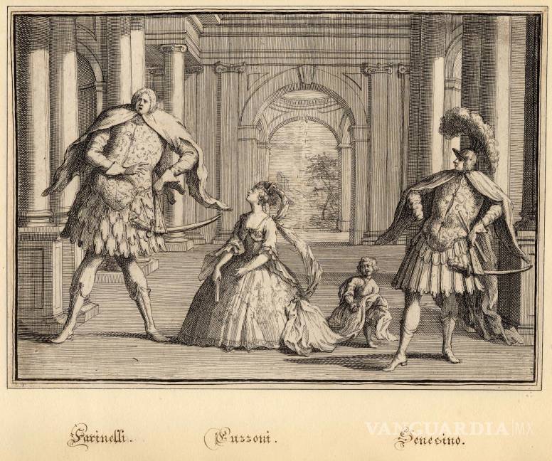 $!Caricatura de Senesino, Cuzzoni y el castrati Farinelli, grabado de 1723 de John Vanderbank.