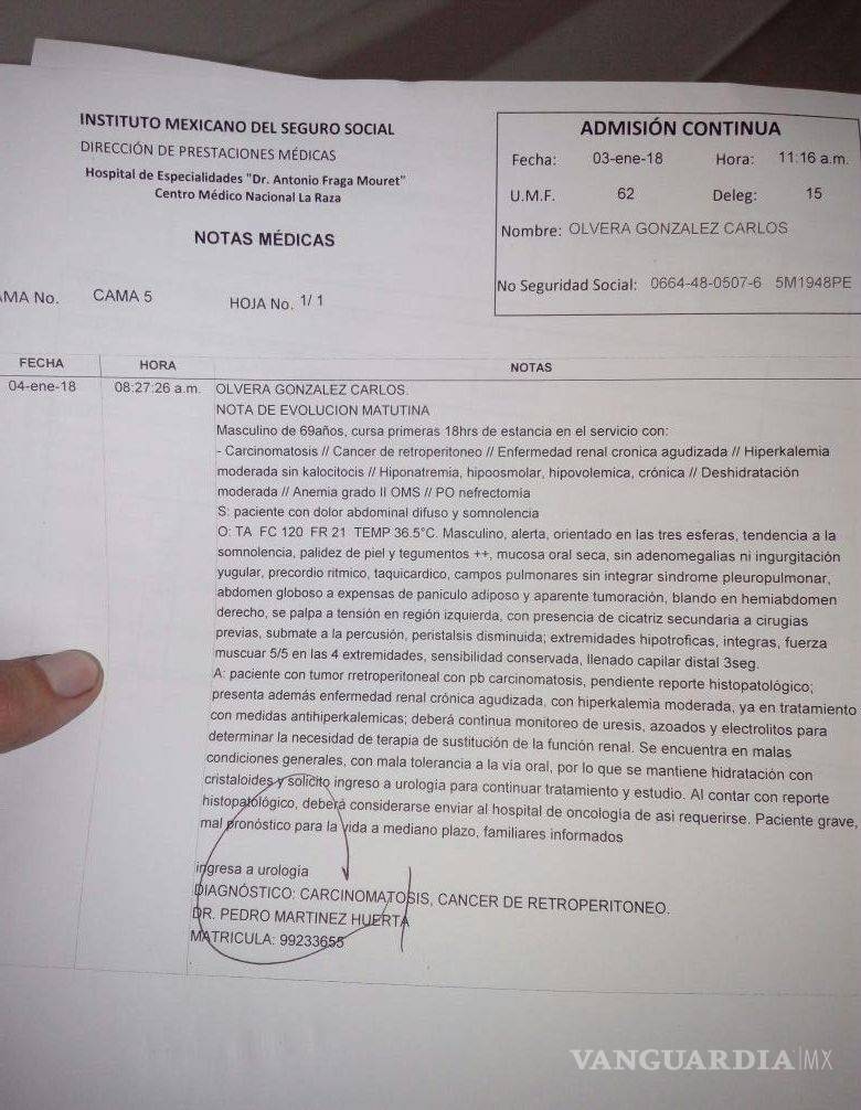 $!En el IMSS fue engañado, le dijeron que le habían extirpado un tumor, sólo hicieron una biopsia