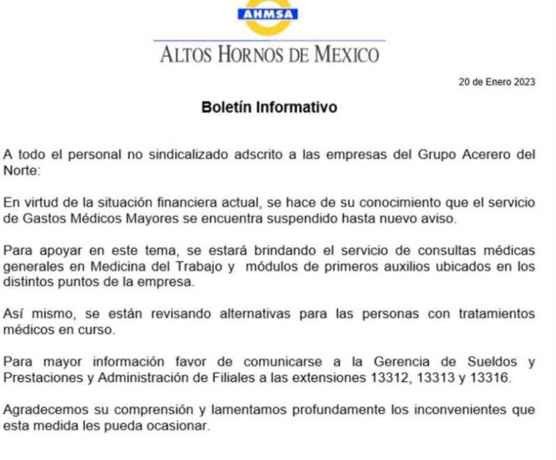 $!Boletín informativo donde la empresa comunica la suspensión del Servicio Médico de Gastos Mayores.