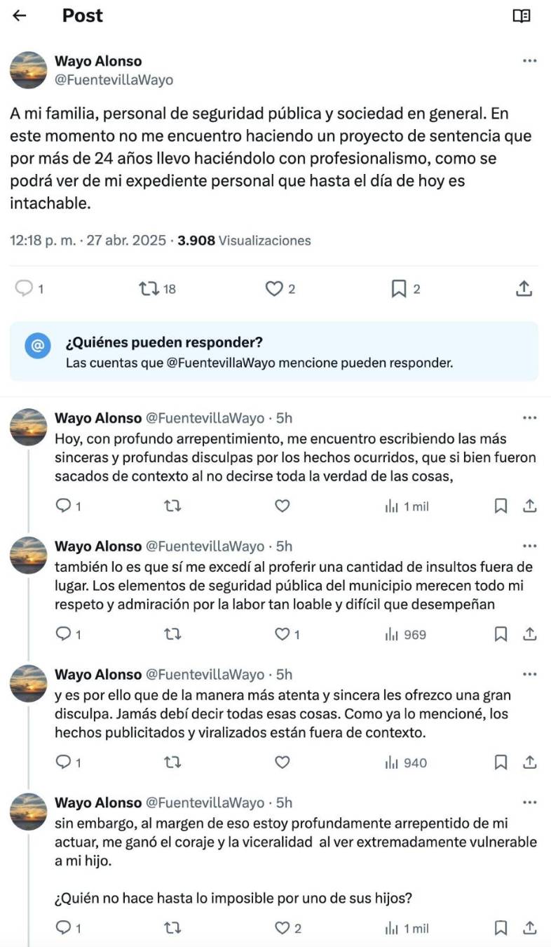 $!Fuentevilla ofreció una disculpa pública en redes sociales, aunque más tarde eliminó su cuenta tras el escándalo.