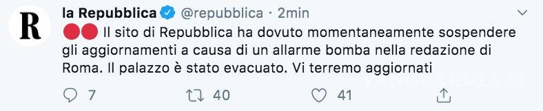 $!Alarma de bomba en la sede del periódico Repubblica en Roma; evacúan edificio