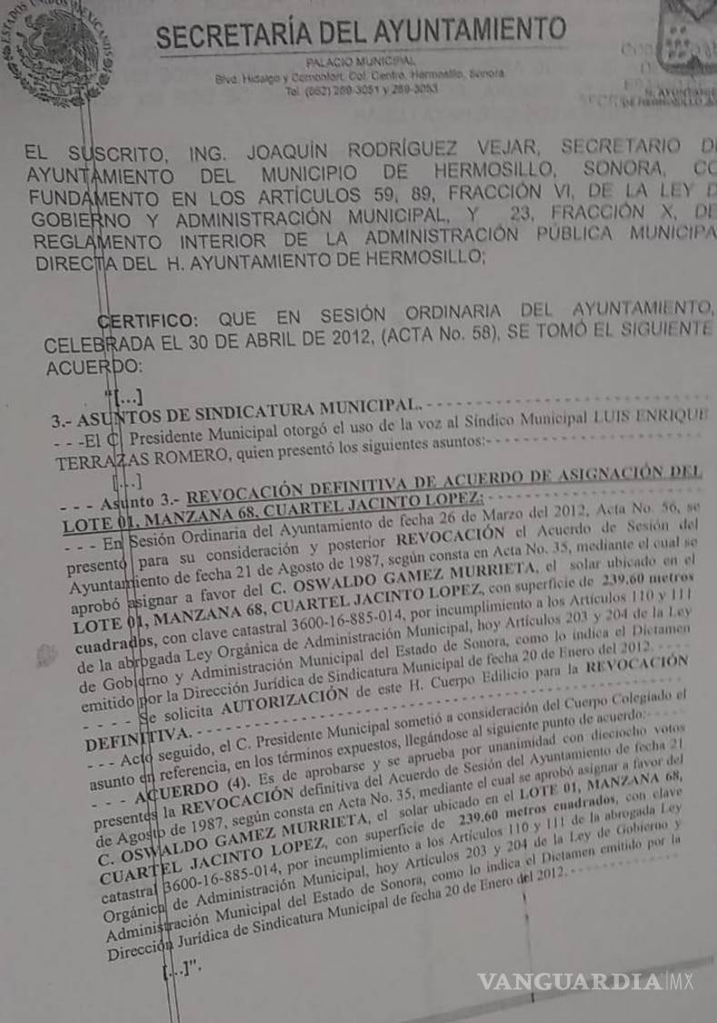 $!Copia del acta oficial donde se revocó la propiedad a Osbaldo Gámez Murrieta, esposo de Verónica Luna Meza.