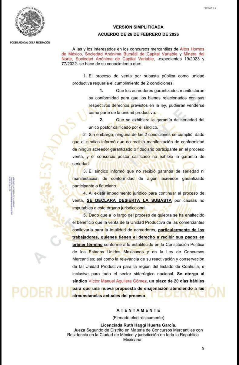 $!La jueza encargada del proceso concursal ordenó la suspensión de la subasta de AHMSA, medida que marca un nuevo giro en la situación legal de la empresa acerera.