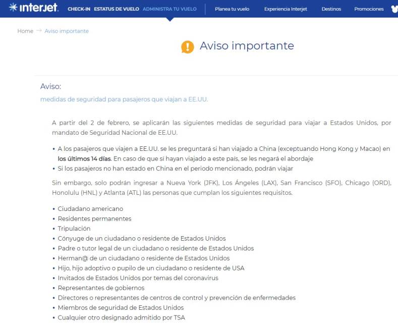 $!Ante coronavirus, Interjet establece restricciones en vuelos a EU
