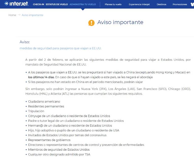 $!Ante coronavirus, Interjet establece restricciones en vuelos a EU
