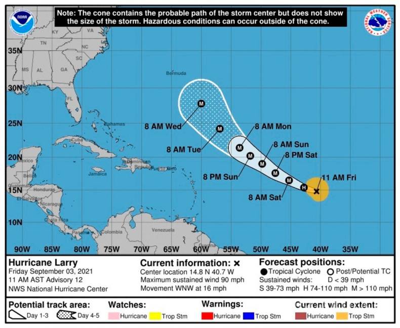 $!Imagen cedida por la Oficina Nacional de Administración Oceánica y Atmosférica (NOAA) a través del Centro Nacional de Huracanes (NHC) donde se muestra el pronóstico de cinco días de la trayectoria del huracán Larry en el Atlántico. EFE/NOAA-NHC