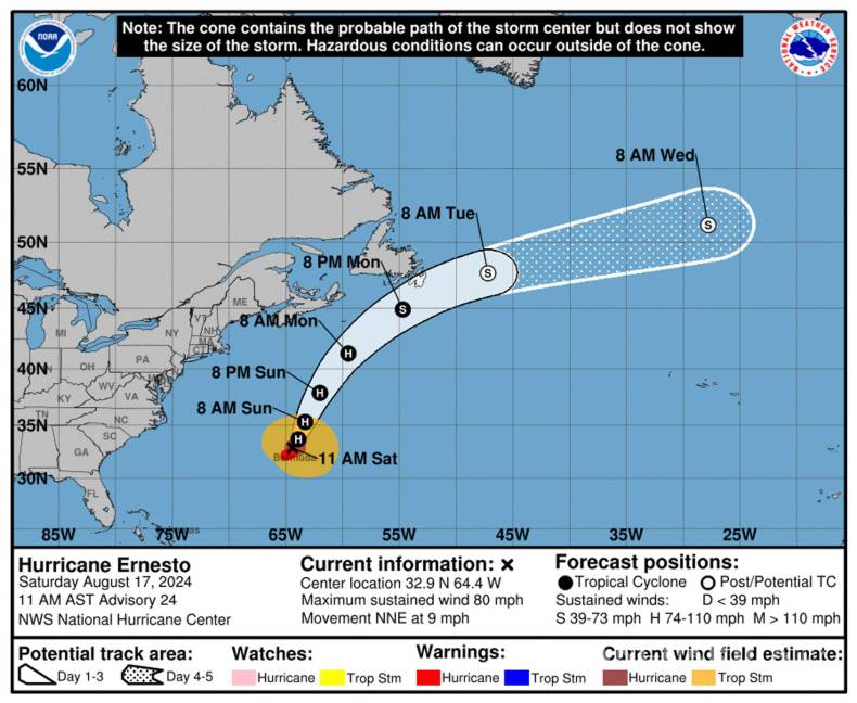 $!Imagen cedida por el Centro Nacional de Huracanes (NHC) muestra la trayectoria que sigue el fenómeno meteorológico.