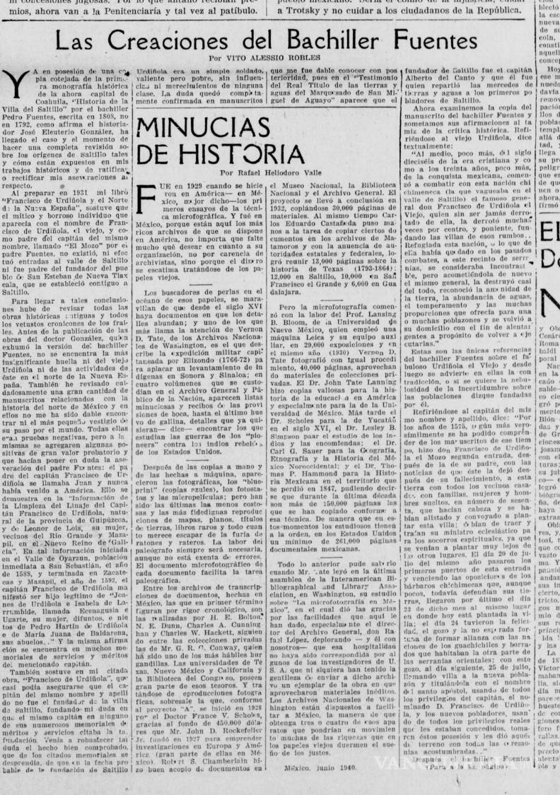 $!Plana y artículo del periódico La Opinión de Los Ángeles del 4 de julio de 1940, donde Vito Alessio Robles corrige al bachiller Fuentes.