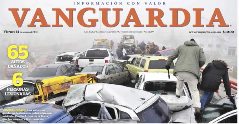 $!Las bajas temperaturas de enero de 2011 causaron una impresionante megacarambola de 65 vehículos en Saltillo, dejando cinco personas lesionadas.