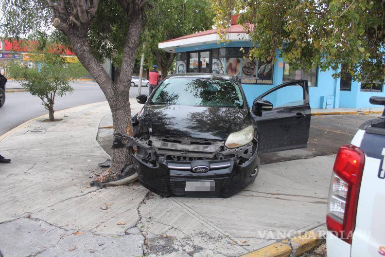 $!La unidad subió a la banqueta de un negocio antes de impactarse contra el árbol.