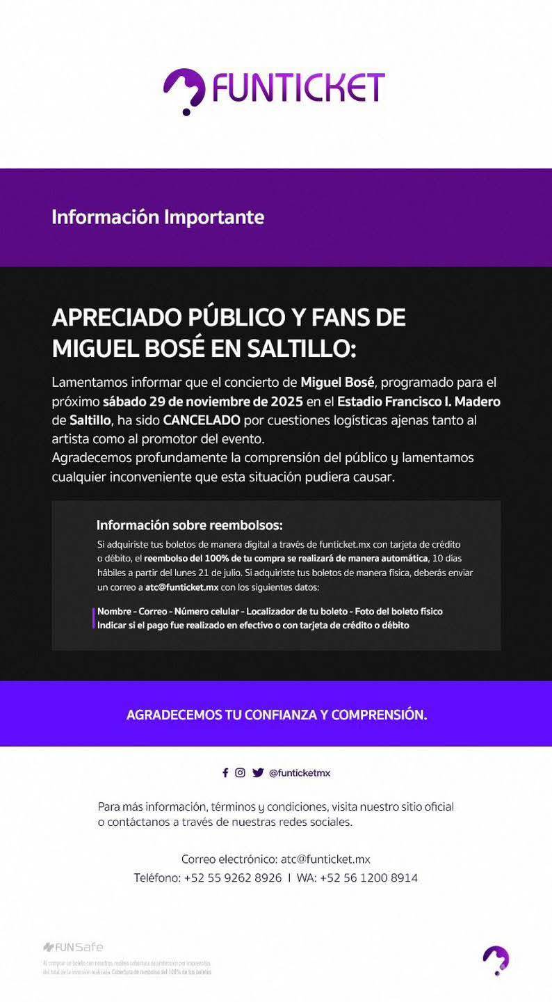 $!El comunicado de Funticket confirmó la cancelación por “cuestiones logísticas”.