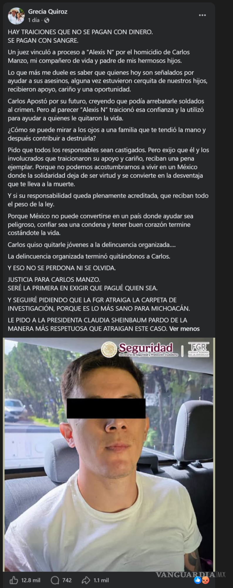 $!Grecia Quiroz reacciona a vinculación de ‘El Brilloso’ por homicidio de Manzo: ‘Hay traiciones que se pagan con sangre’