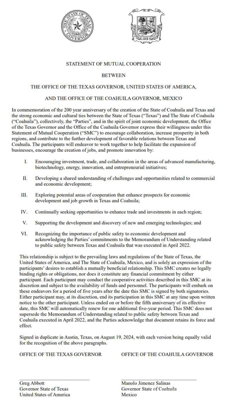 $!Este es el acuerdo que mostró el Gobierno de Texas en un comunicado de prensa.