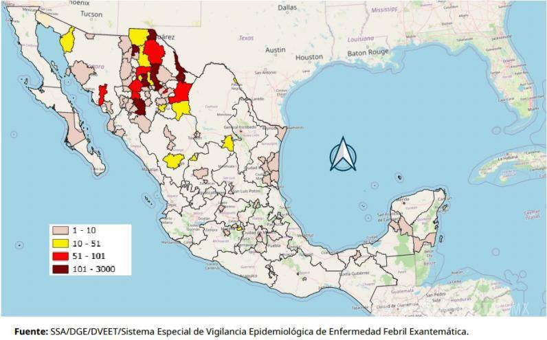 $!En este mapa se percibe los rangos de contagios por municipio. Coahuila tendría en el rango de 10 a 51 contagios confirmados a Saltillo, Piedras Negras y Torreón.