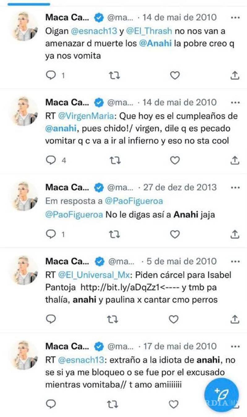 $!La forma despectiva en que Maca se expresó de Anahí, quedó guardada en Twitter.