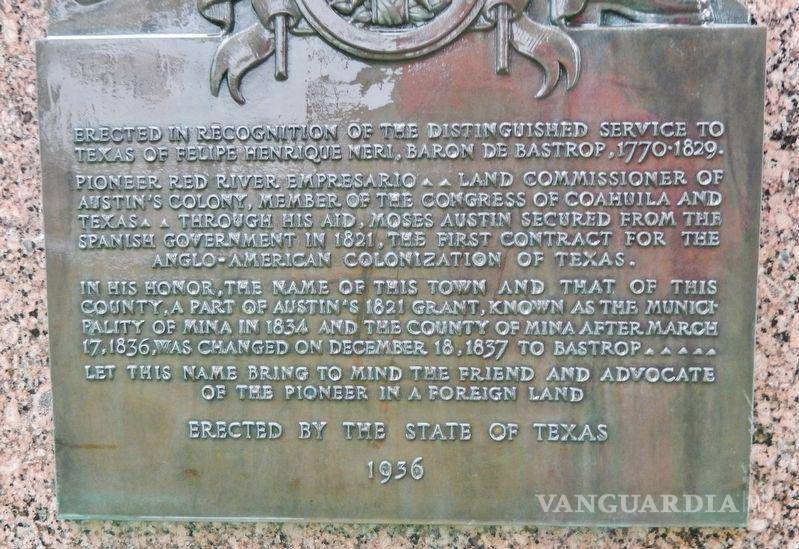 $!Placa conmemorativa que honra la labor del Barón de Bastrop en la colonización de Texas.
