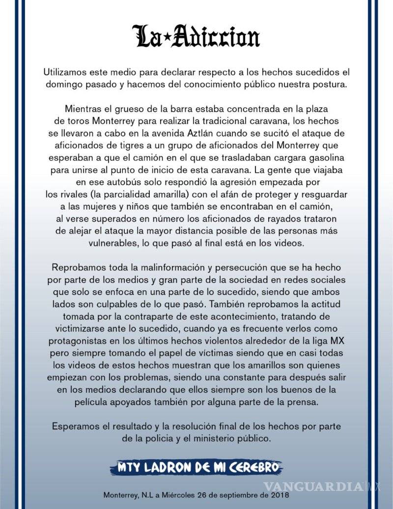 $!La Adicción se defiende tras la riña, señala que los Tigres siempre se hacen las 'víctimas'