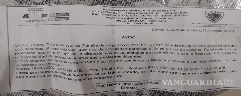 $!La notificación fue enviada desde el pasado 15 de agosto y señala que los grupos asistirán un día de la semana porque el problema está presente en todo el estado.
