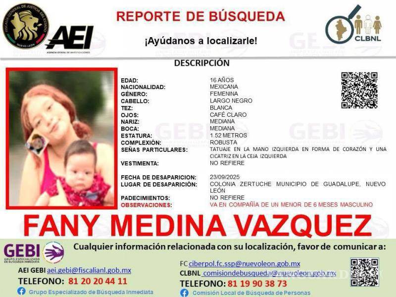 $!Buscan a madre adolescente desaparecida con su hijo de 6 meses, en Nuevo León