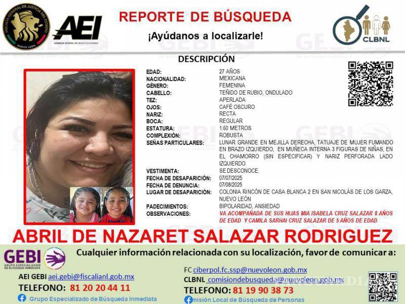 $!Mujer con bipolaridad desaparece junto a sus dos hijas, en Nuevo León