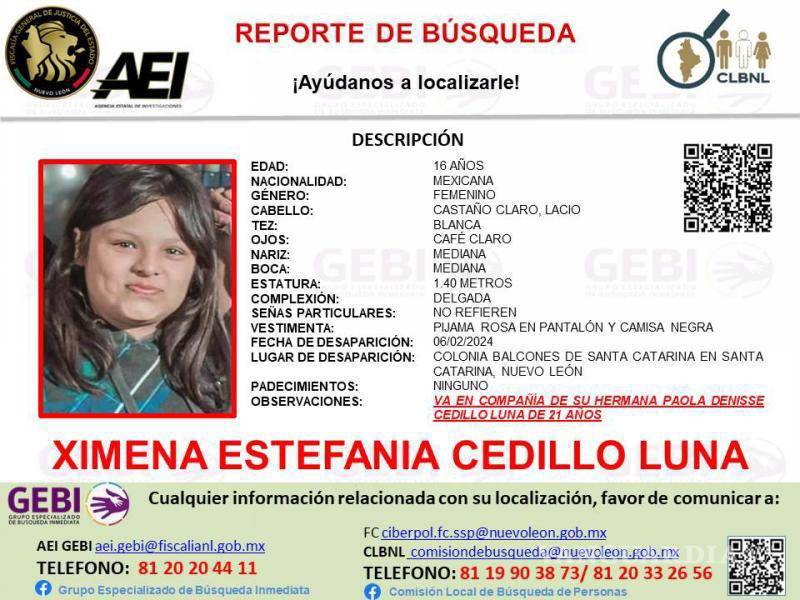 $!Una de las jóvenes desaparecida tiene 16 años de edad y se llama Ximena Estefanía Cedillo Luna.