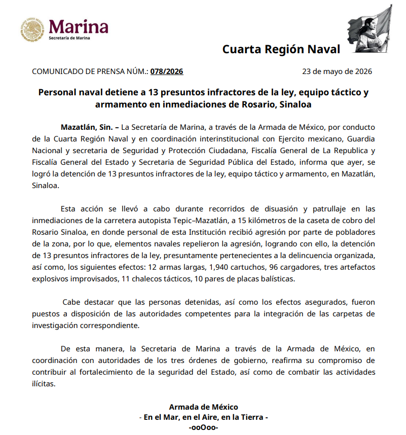 $!Marina detiene a 13 presuntos integrantes de Los Chapitos tras enfrentamiento en Sinaloa