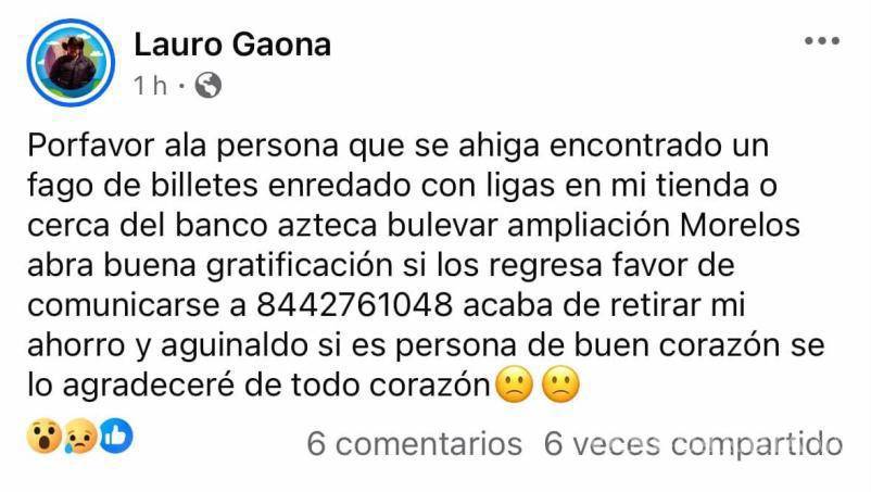 $!Lauro Gaona compartió en redes sociales su angustia tras perder un fajo de billetes con 120 mil pesos, ahorros, aguinaldo y un premio recibido en su trabajo.