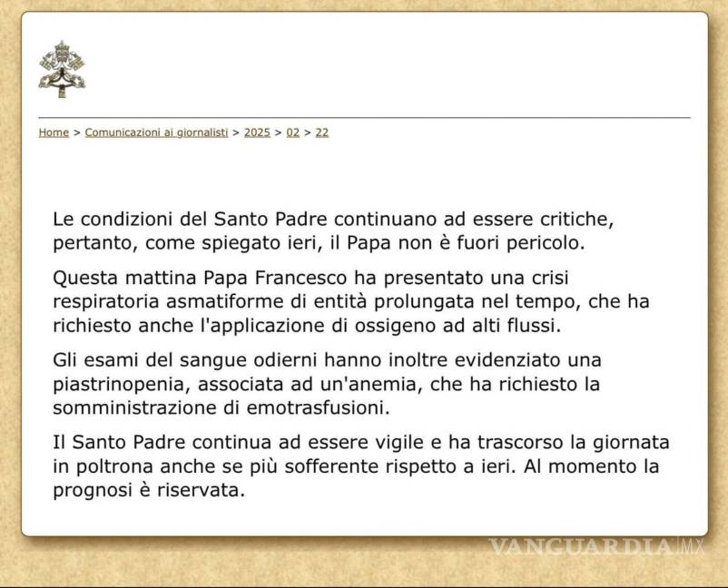 $!El papa Francisco permanece en estado crítico tras sufrir este sábado una crisis respiratoria por lo que se le tuvo que suministrar oxígeno.