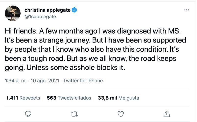 $!La reconocida actriz Christina Applegate, de 49 años, compartió con sus seguidores de Twitter que desde hace unos meses le diagnosticaron esclerosis múltiple.