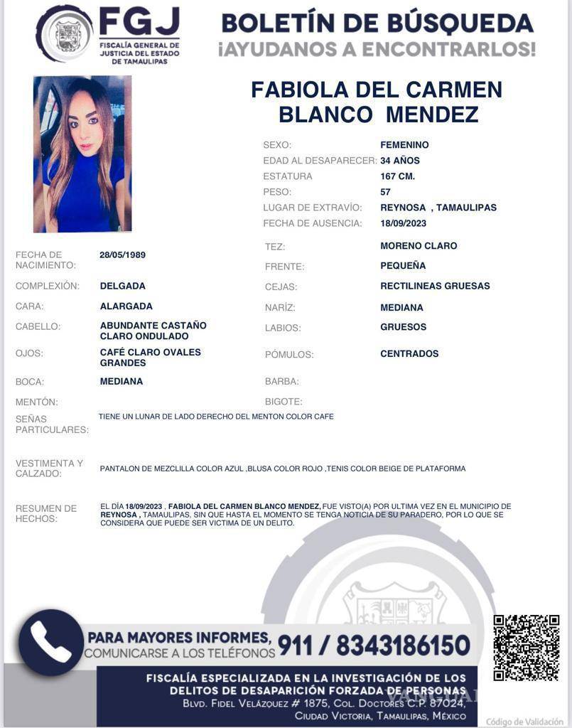 $!Fabiola desapareció en Tamaulipas, tras ir a vender su auto
