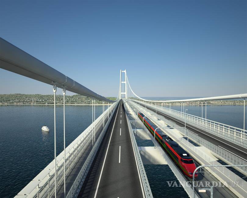 $!El tramo colgante (vano principal) del puente tendrá 3.300 metros de longitud y estará suspendido en el aire a 70 metros sobre el agua.