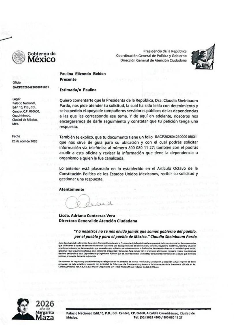 $!La Presidencia de la República le hizo llegar esta carta, luego que Paulina compartiera su caso.