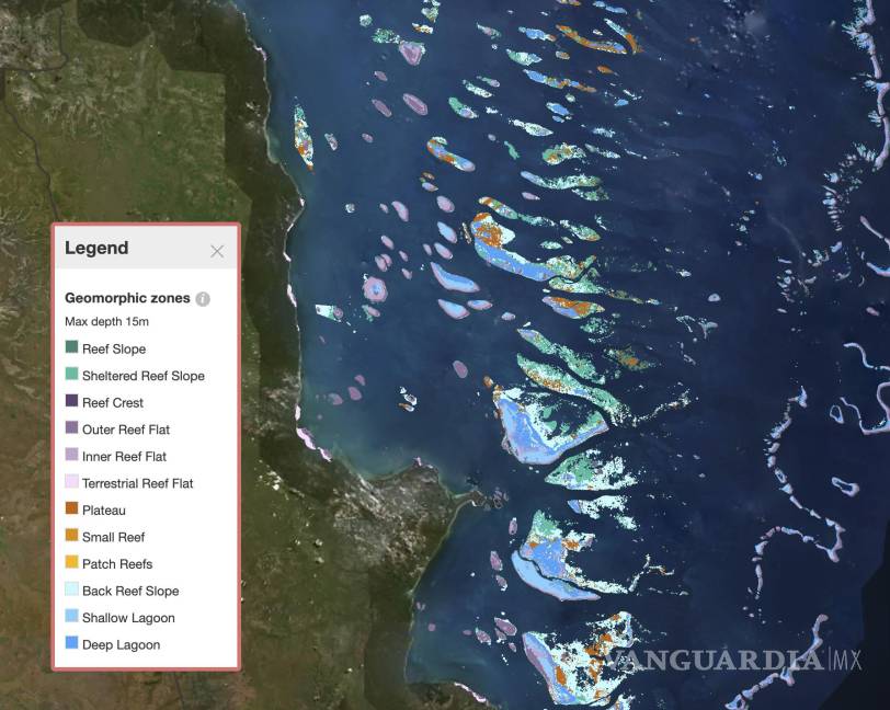 $!Captura de pantalla del 1 de septiembre de 2021 proporcionada por Allen Coral Atlas muestra un mapa de la Gran Barrera de Coral en Australia. AP/Allen Coral Atlas