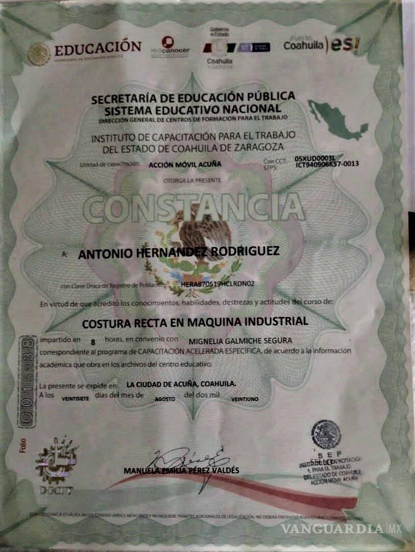 $!Certificado de capacitación del ICATEC Acuna a nombre de Antonio Hernández Rodríguez, contratado por Home Fashions International. Foto: Antonio Hernández Rodríguez