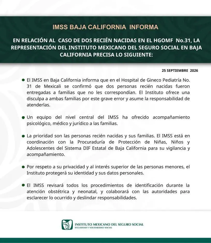$!IMSS confirma entrega equivocada de dos recién nacidas a familias en Mexicali