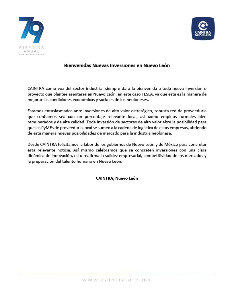 $!Caintra emitió un comunicado con su postura oficial sobre la llegada de Tesla a Nuevo León que se confirmó este martes