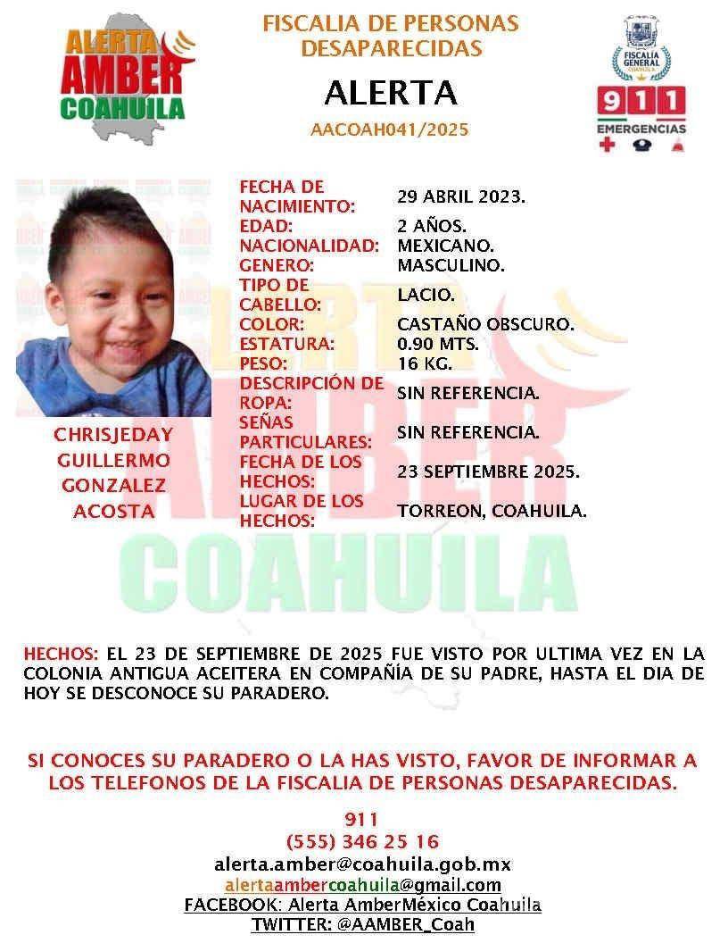 $!La Fiscalía de Coahuila solicita ayuda ciudadana para localizar a Chrisjeday, de 2 años.