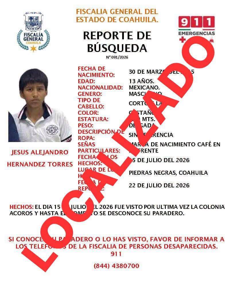 $!La ficha de búsqueda de Jesús Alejandro Hernández Torres fue desactivada tras confirmarse su localización.
