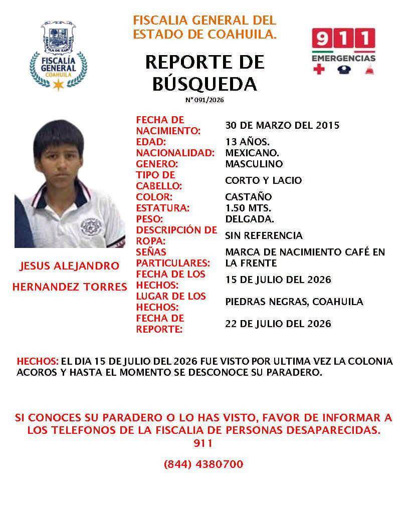 $!El reporte de búsqueda emitido por la Fiscalía incluye las características físicas, señas particulares y datos de la desaparición del adolescente.