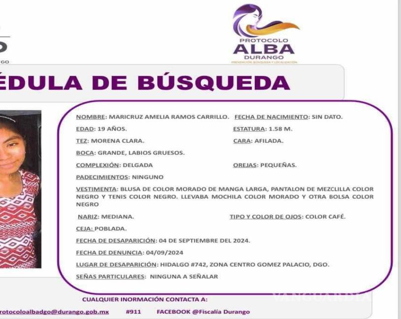 $!La ficha de búsqueda fue emitida por la Fiscalía de Durango.