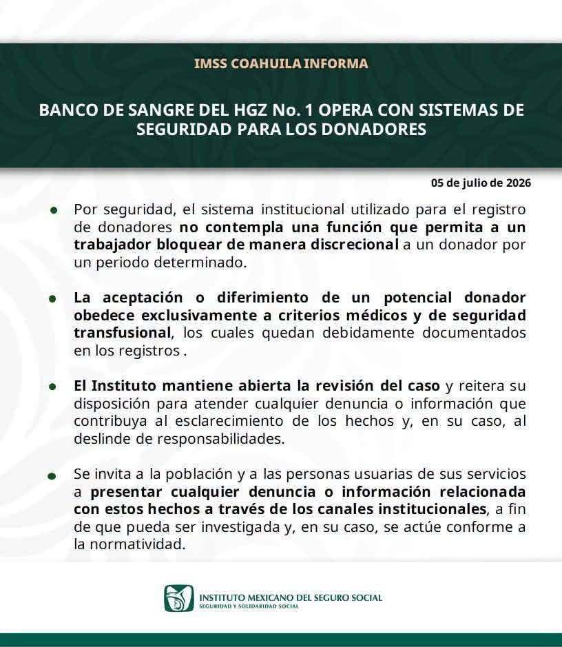 $!IMSS Coahuila alerta tras denuncia de presunta venta clandestina de sangre